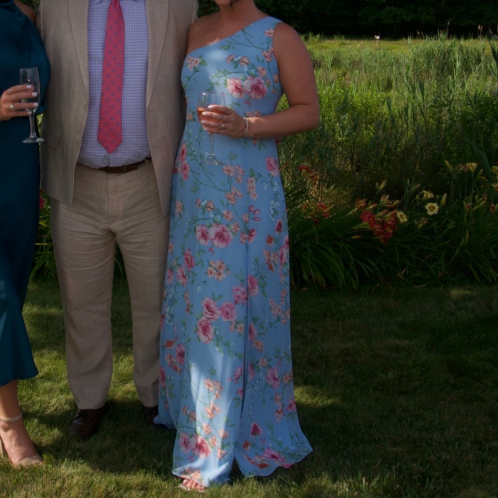 Light Blue Floral One-Shoulder Maxi Dress